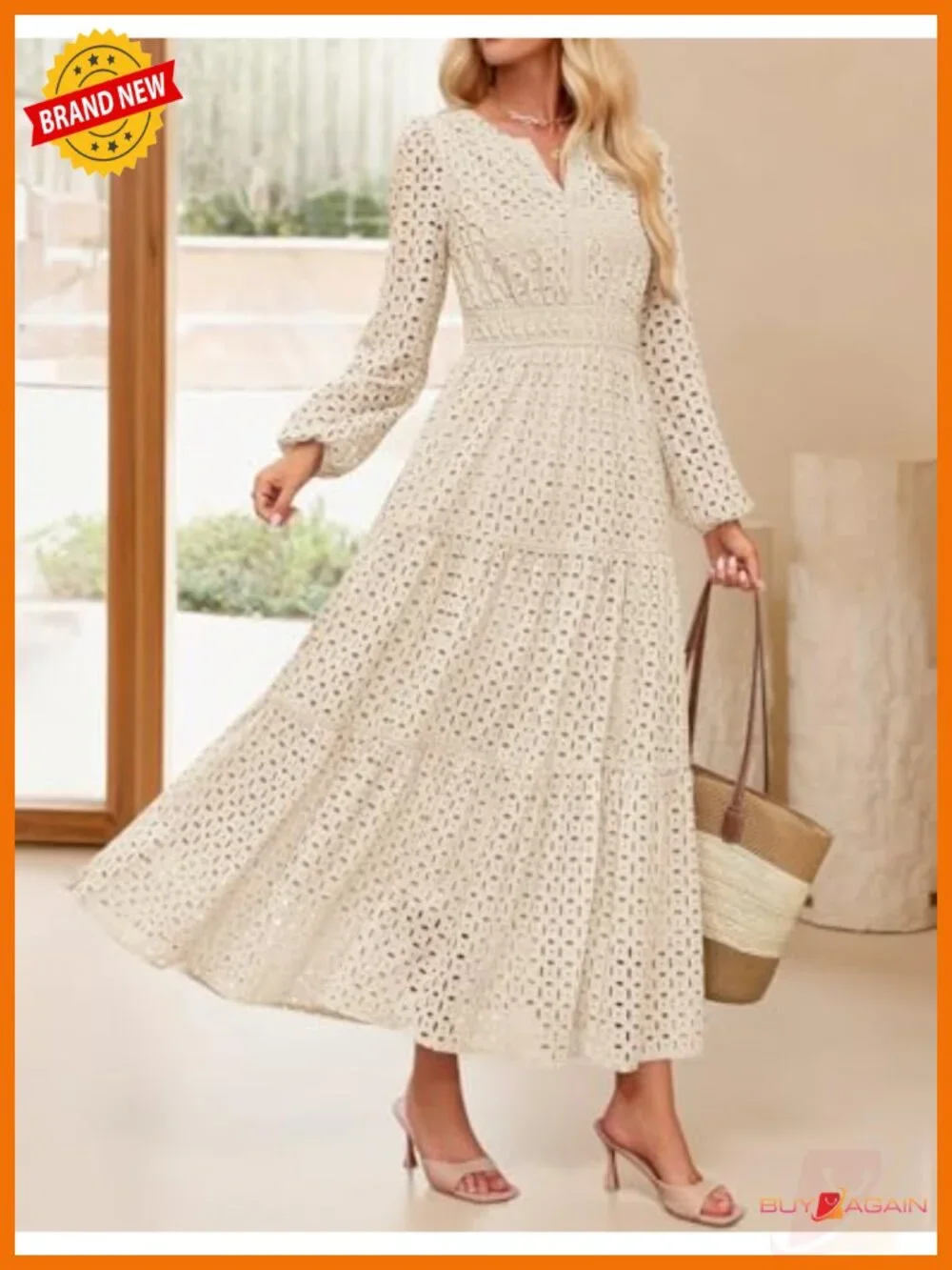 Women's Long Sleeve Eyelet Embroidered Maxi Dress V Neck A-Line Fall